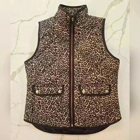 J. Crew Quilted Leopard Print Puffer Vest Full Zip Brown Black Womens Size Small - Picture 1 of 10